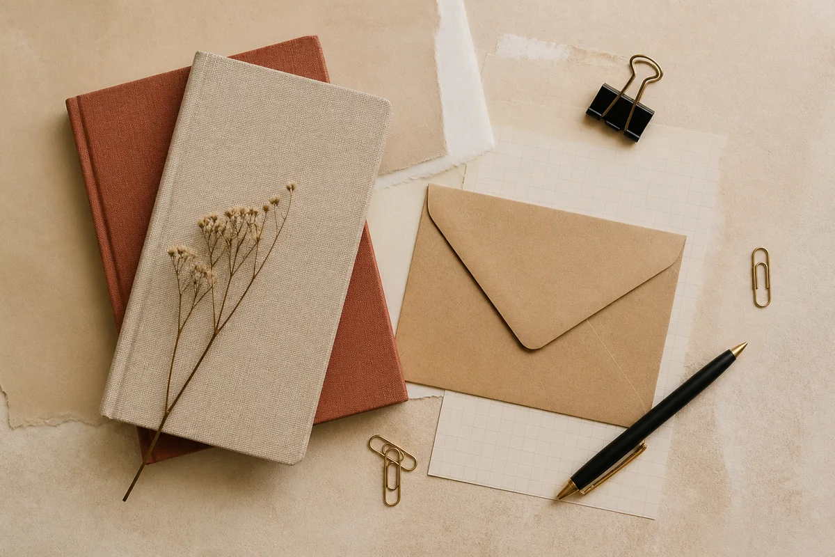 Organized notebooks, paper, envelope, and pen on a warm desk