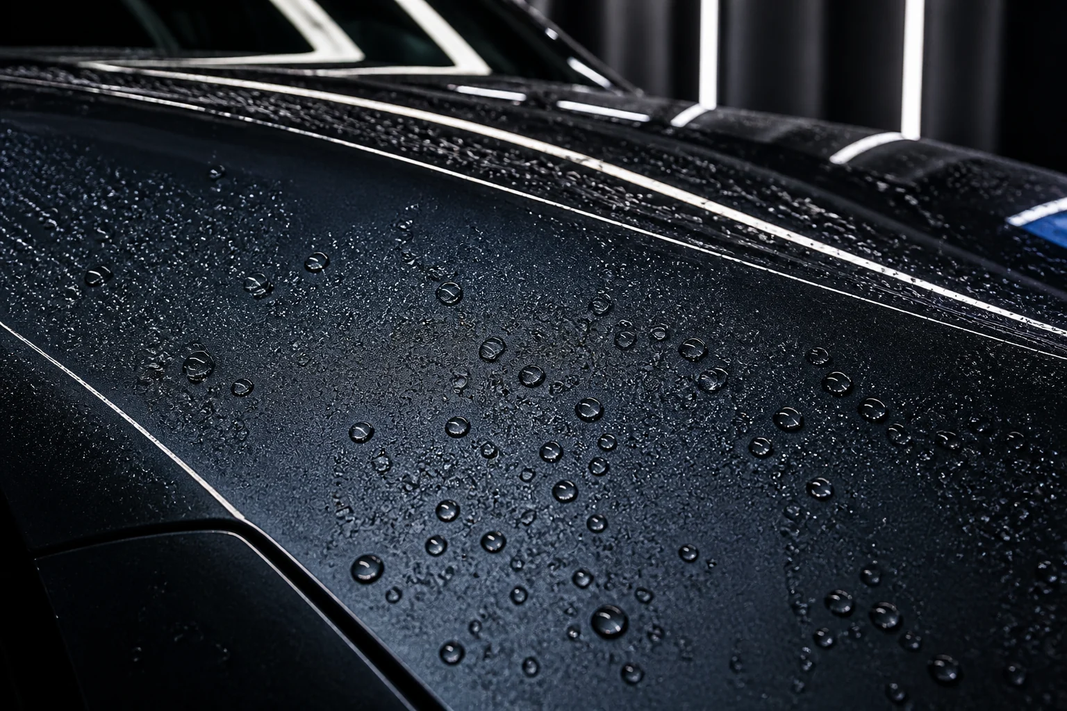 Water beading on a detailed dark vehicle surface